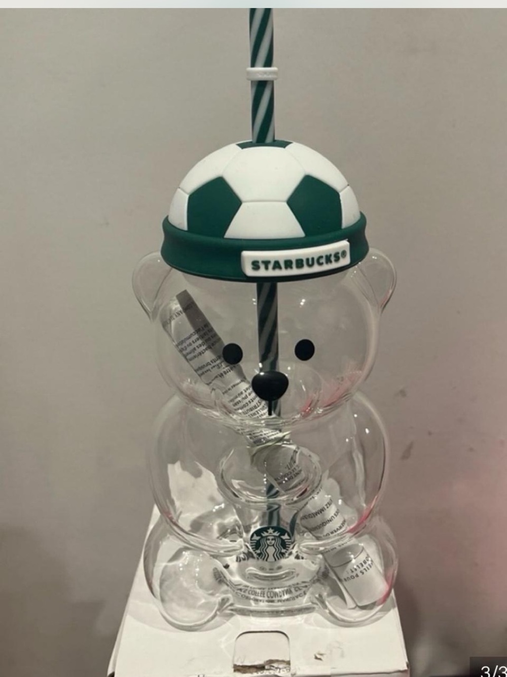 Starbucks Clear Bear Bottle with Green Soccer Lid and Striped Straw